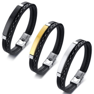 Unisex European Style Stainless Steel Leather Bracelet